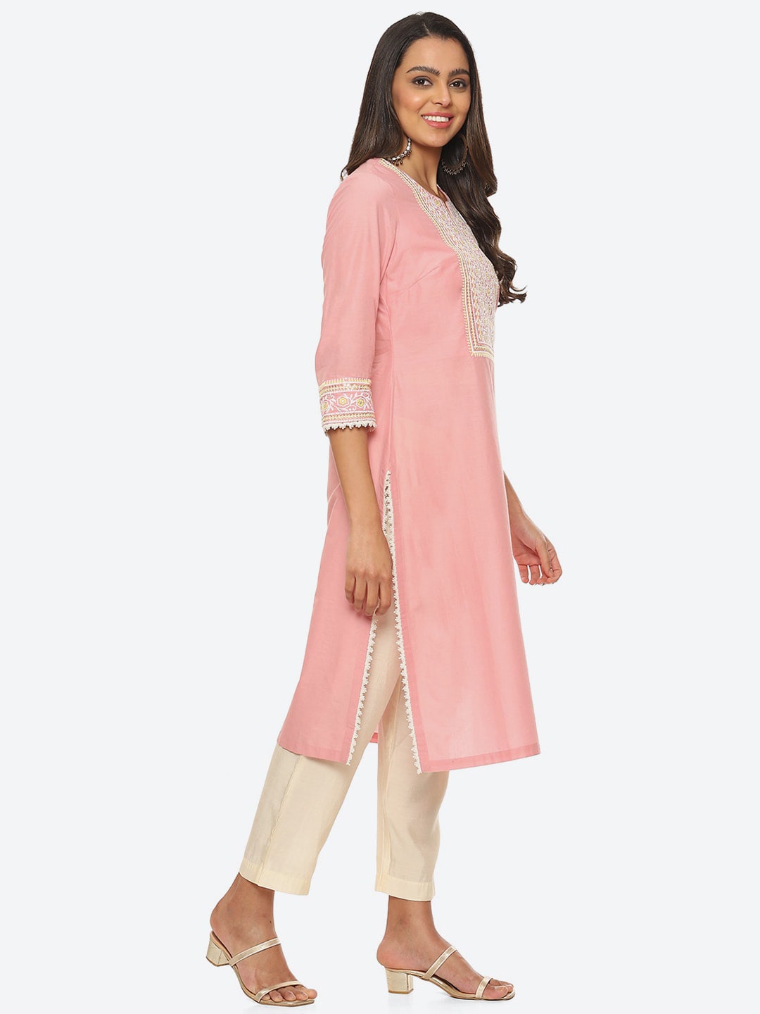Biba Floral Embroidered Cotton Kurta - Distacart