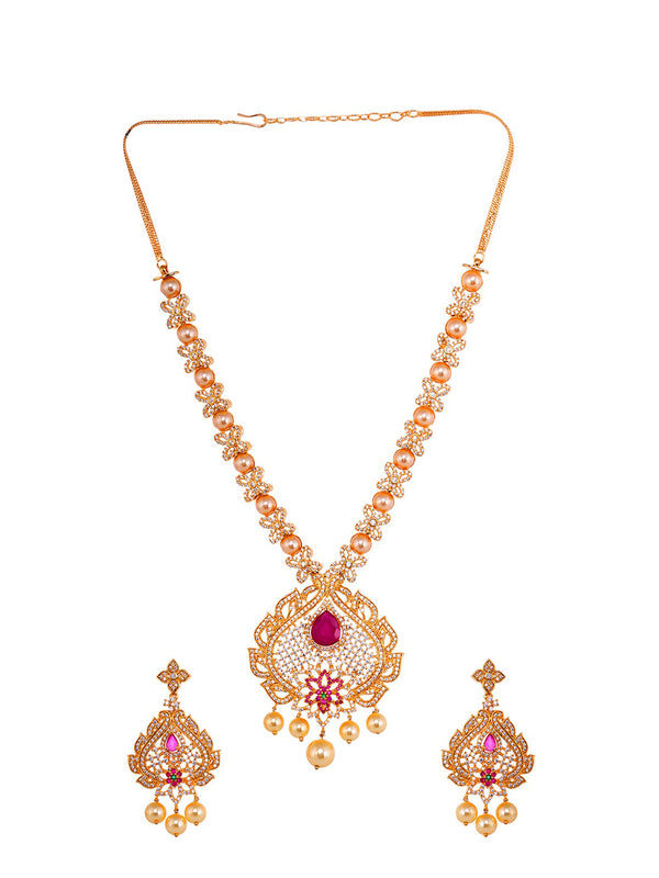 Saraf RS Jewellery Gold-Plated White & Pink American Diamond Studded & Beaded Handcrafted Jewellery Set - Distacart
