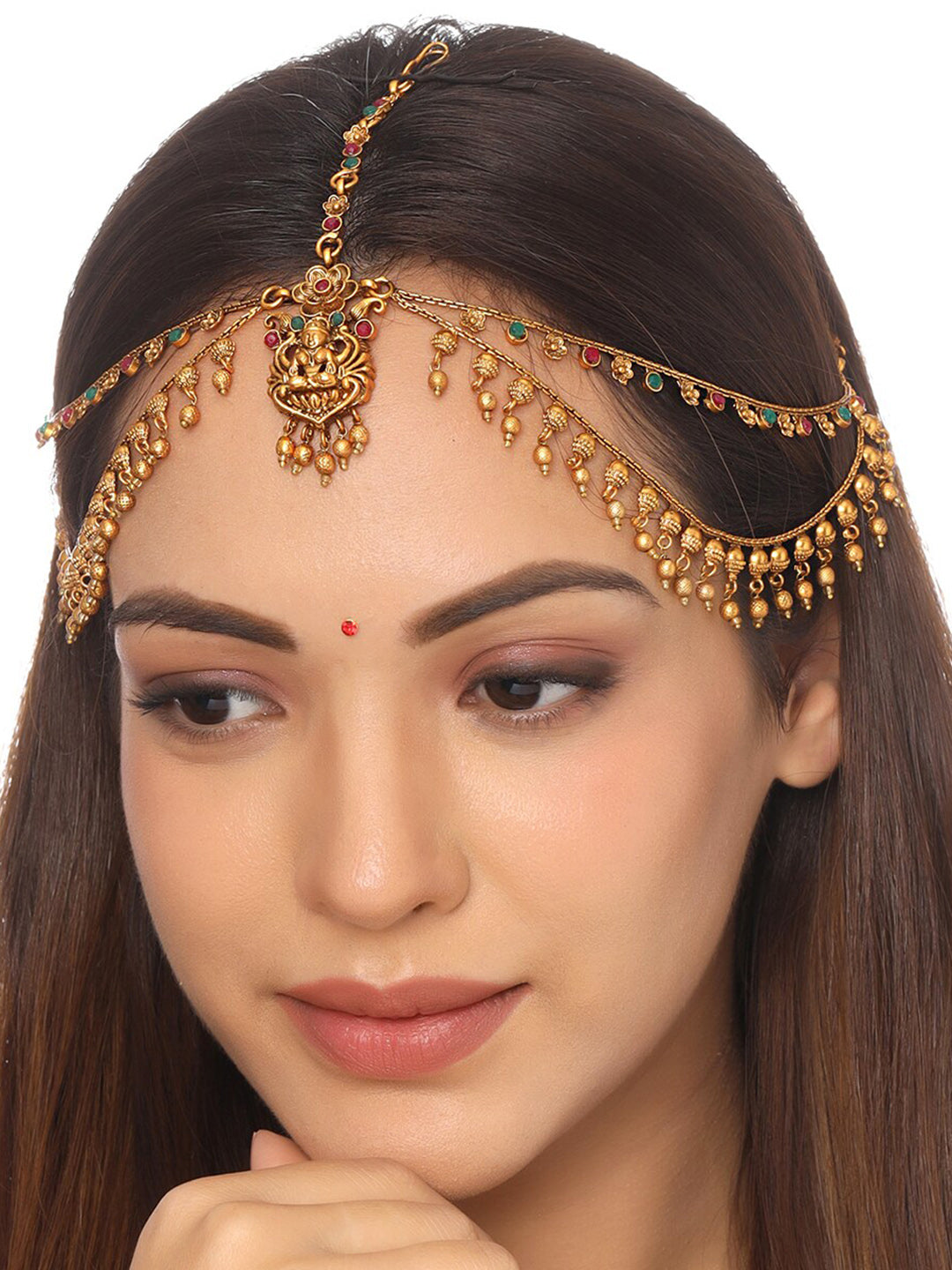 Yellow Chimes Gold-Plated Red & Green Stone-Studded Layered Bridal Traditional Mathapatti - Distacart
