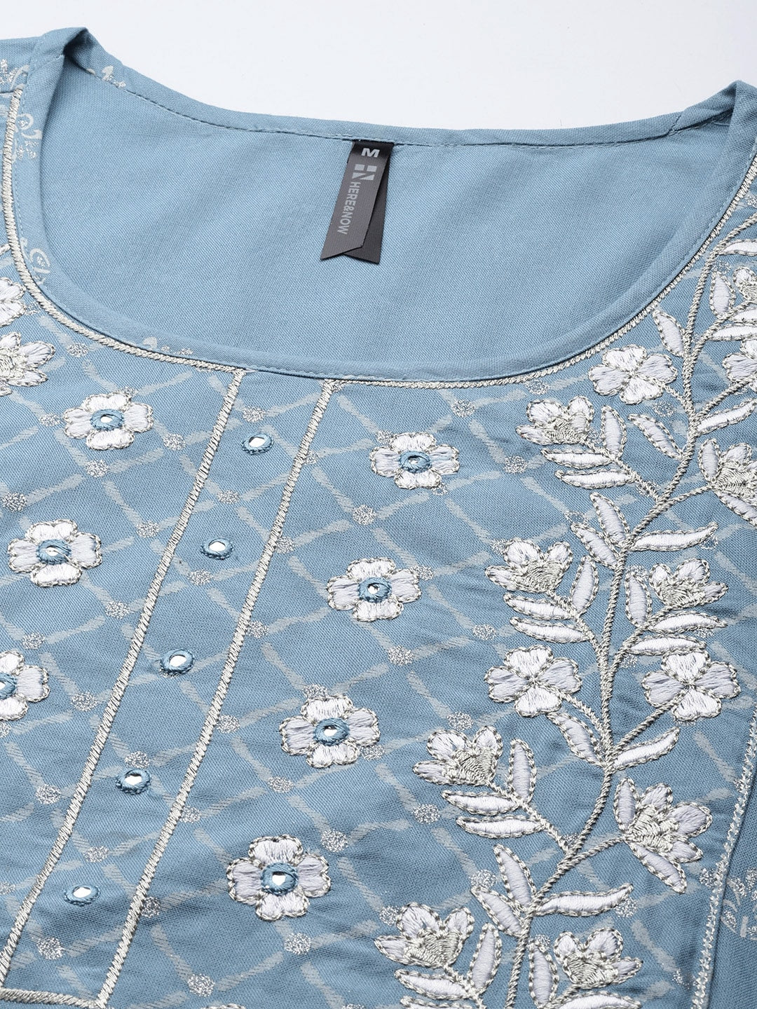 HERE&NOW Women Blue & White Ethnic Embroidered Kurta with Trousers & With Dupatta - Distacart