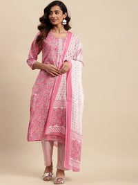 Thumbnail for Sangria Floral Printed Gotta Patti Pure-Cotton A-Line Kurta With Trouser & Dupatta - Distacart