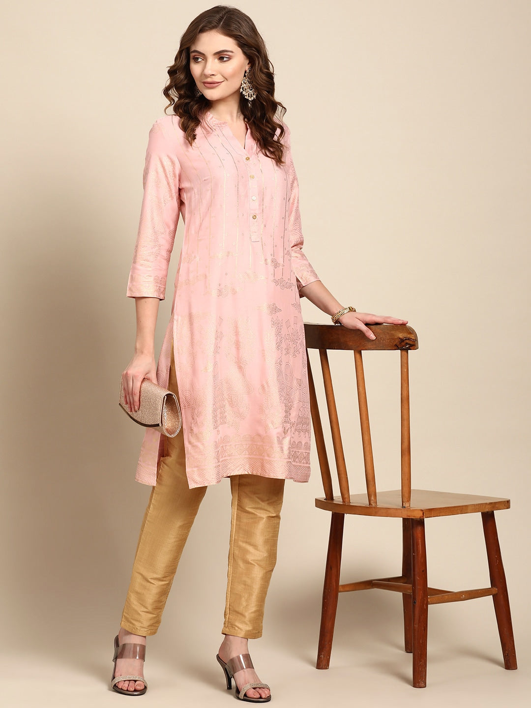 Sangria Women Pink & Yellow Ethnic Motifs Printed Kurta - Distacart