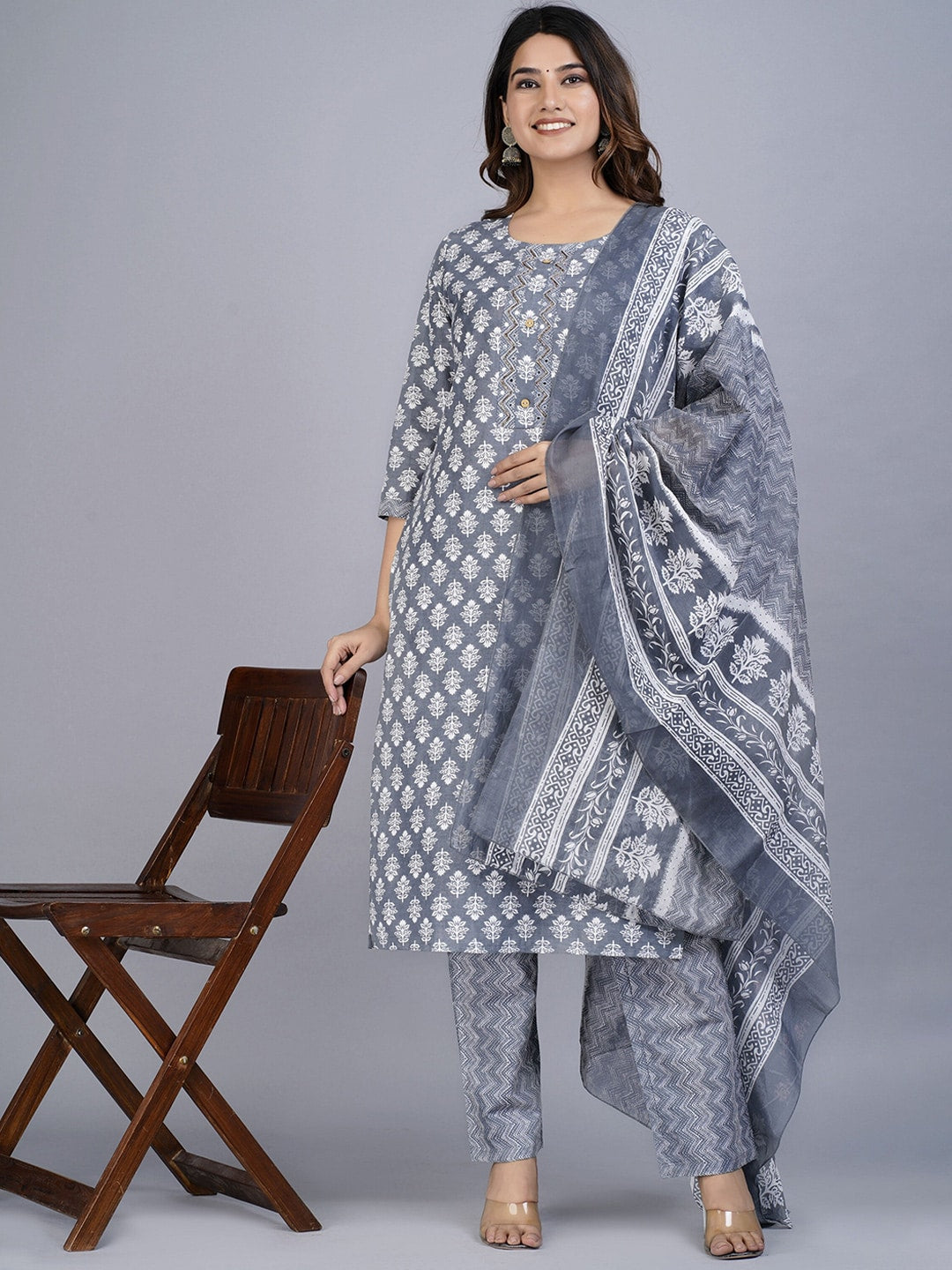 Kalini Women Grey Floral Printed Beads and Stones Pure Cotton Kurta with Trousers & With Dupatta - Distacart