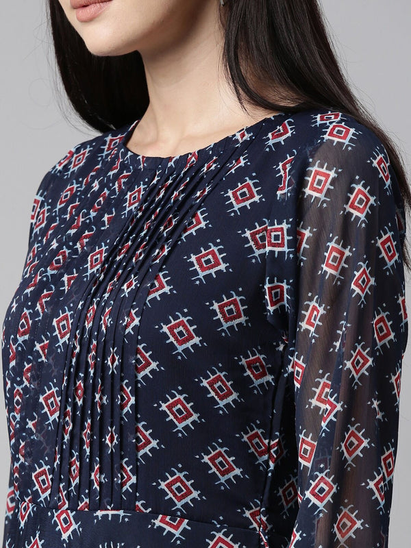 Souchii Blue & Red Ethnic Motifs Printed Chiffon Fit & Flare Midi Dress - Distacart