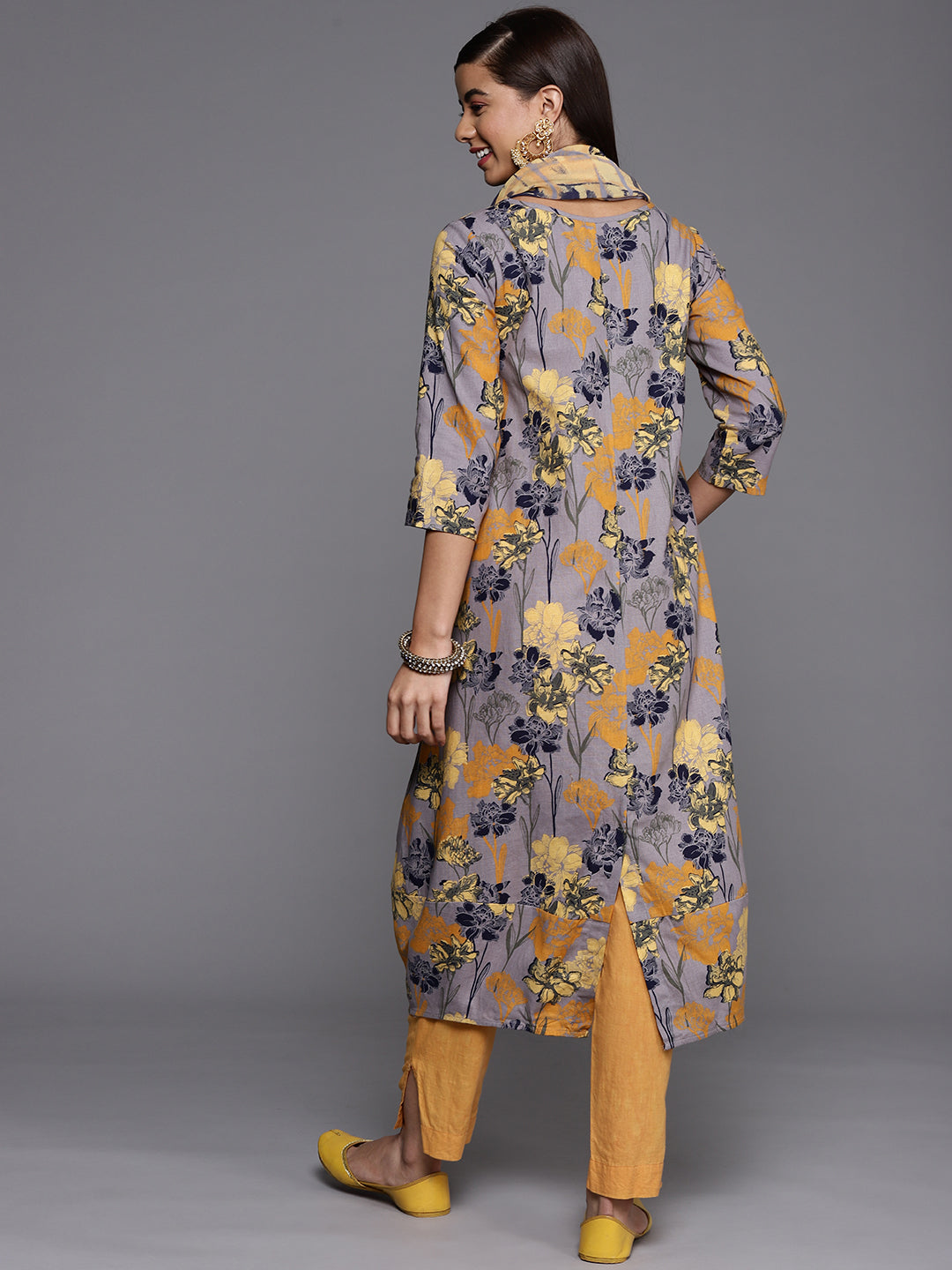 Biba Women Lavender & Mustard Yellow Floral Printed Floral Kurta - Distacart