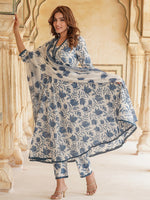 Thumbnail for Kalini Floral Printed Anarkali Pure Cotton Kurta with Trousers & With Dupatta - Distacart