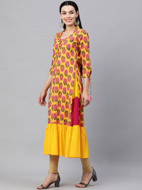 Thumbnail for HERE&NOW Women Yellow & Pink Ethnic Motifs Pure Cotton Printed Kurta - Distacart