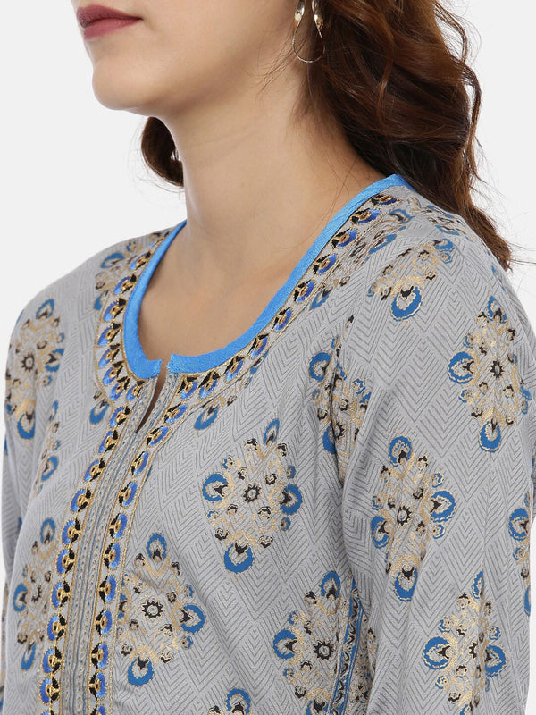 Souchii Grey & Gold Printed Straight Kurta - Distacart