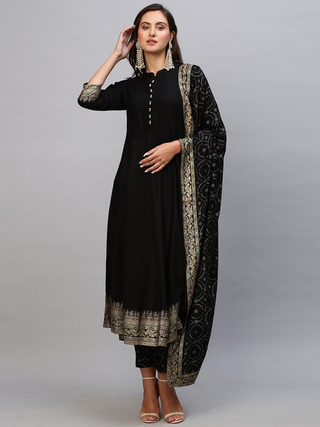 Kalini Mandarin Collar Flared Anarkali Kurta With Trousers & Dupatta - Distacart