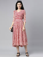 Thumbnail for Souchii White & Red Floral Layered Chiffon Beautiful Midi Dress - Distacart