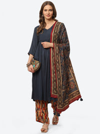 Thumbnail for Biba Women Navy Blue Pleated Thread Work Kurta with Trousers & With Dupatta - Distacart