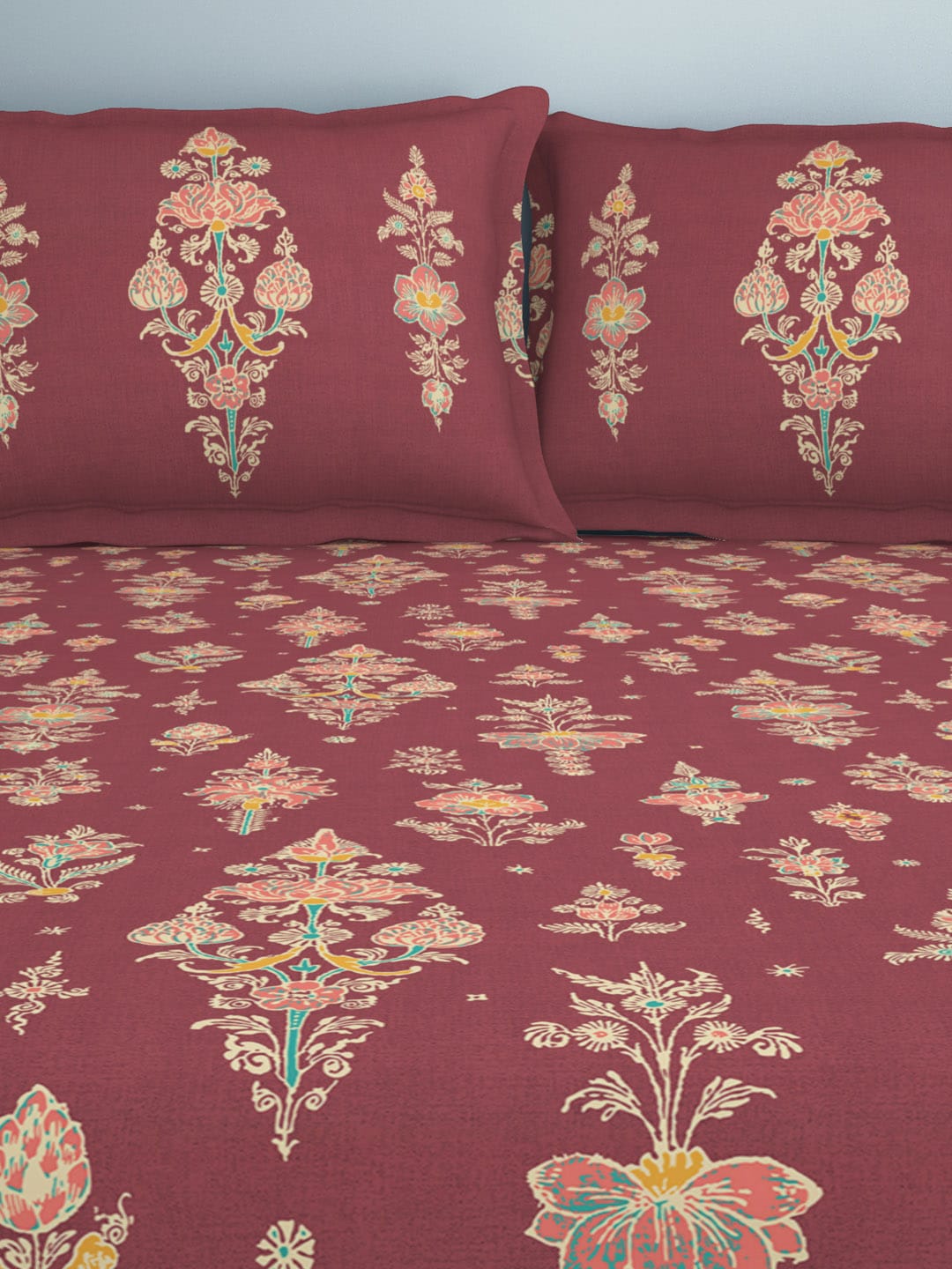 SPACES Aurum Red Ethnic Motifs Pure Cotton 140 TC Queen Bedsheet with 2 Pillow Covers - Distacart