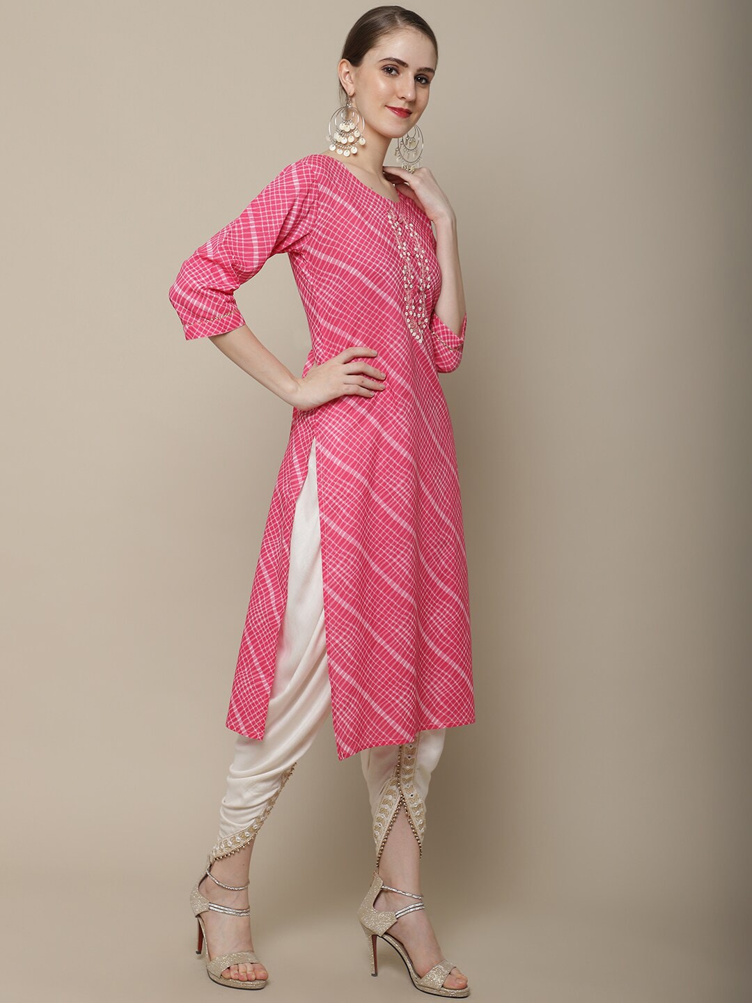 Sangria Women Pink Leheriya Striped Kurta - Distacart