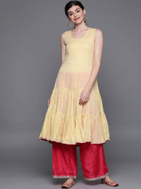 Thumbnail for Biba Women Yellow & Pink Printed Layered Tiered A-Line Kurta - Distacart