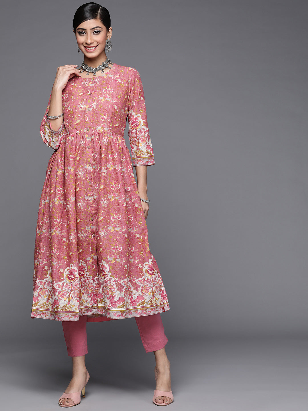 Biba Women Pink Printed A-Line Pure Cotton Kurta with Trousers - Distacart