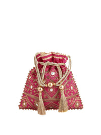Thumbnail for Masq Pink & Gold-Toned Embroidered Potli Clutch - Distacart