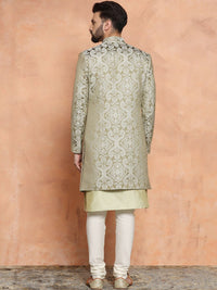Thumbnail for KISAH Ethnic Motifs Woven Design Mandarin Collar Sherwani Set - Distacart