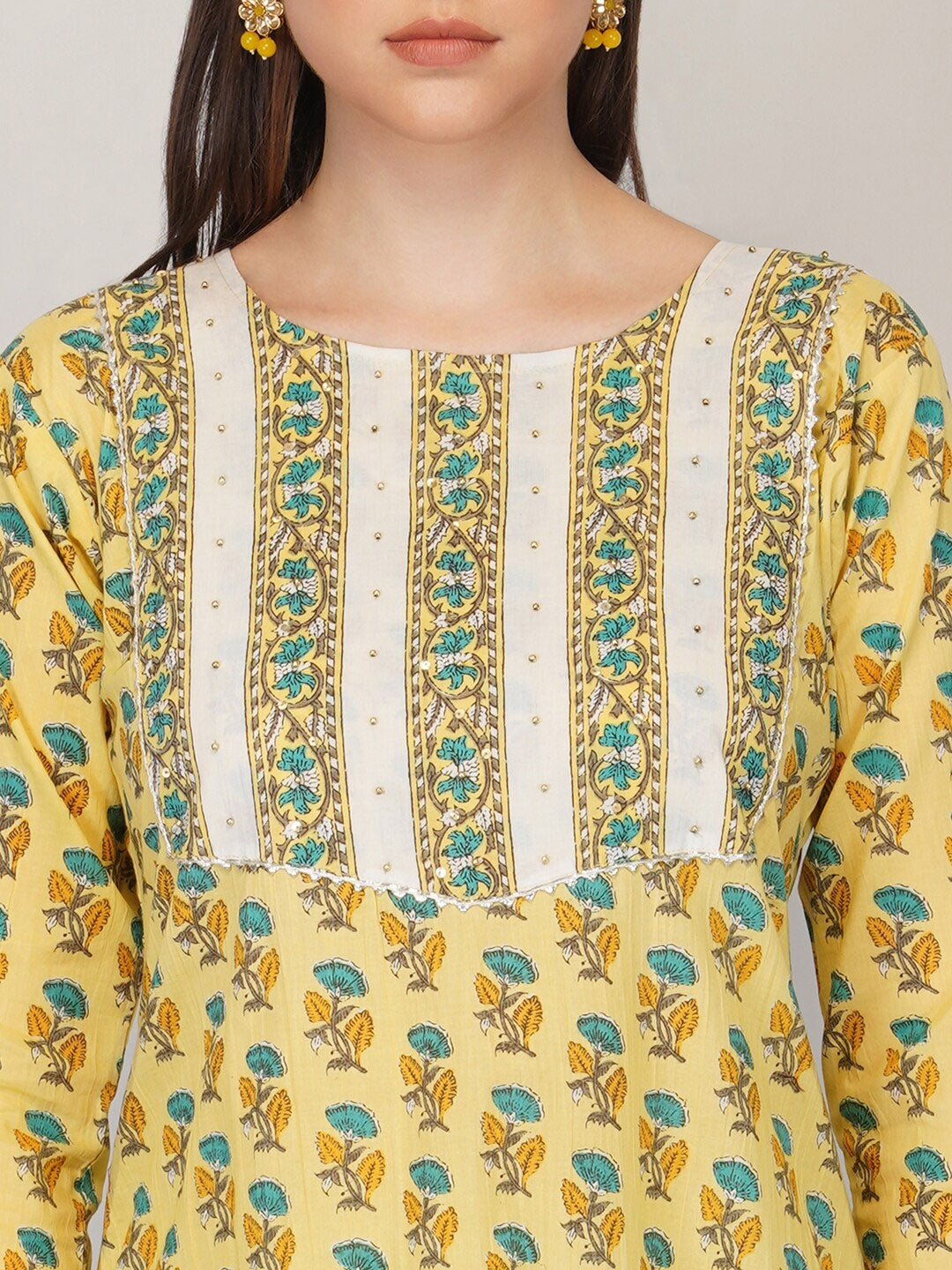 NOZ2TOZ Women's Yellow Ethnic Motifs Printed Pure Cotton Kurta with Trousers & Dupatta - Distacart