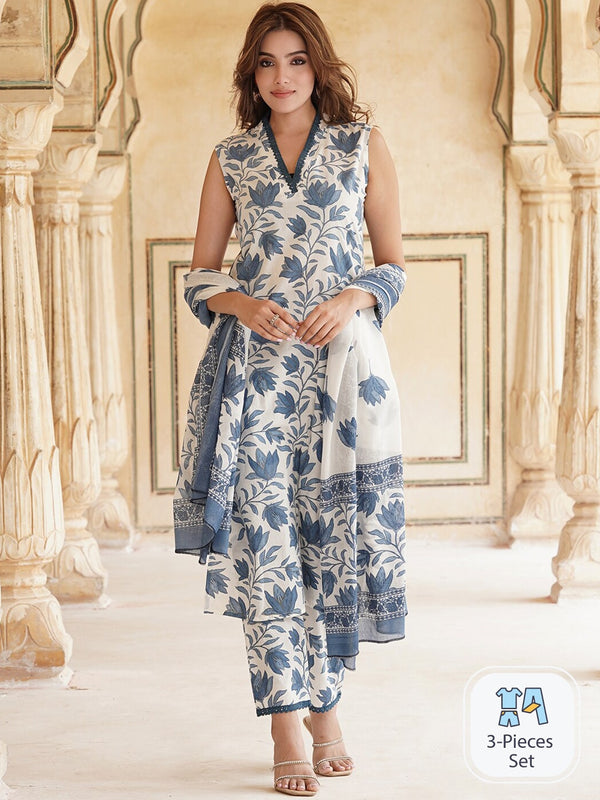 Kalini Floral Printed V-Neck Pure Cotton Straight Kurta & Trousers With Dupatta - Distacart