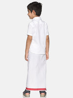 Thumbnail for Sethukrishna White Pure Cotton Solid Shirt and Veshti Set For Boys - Distacart