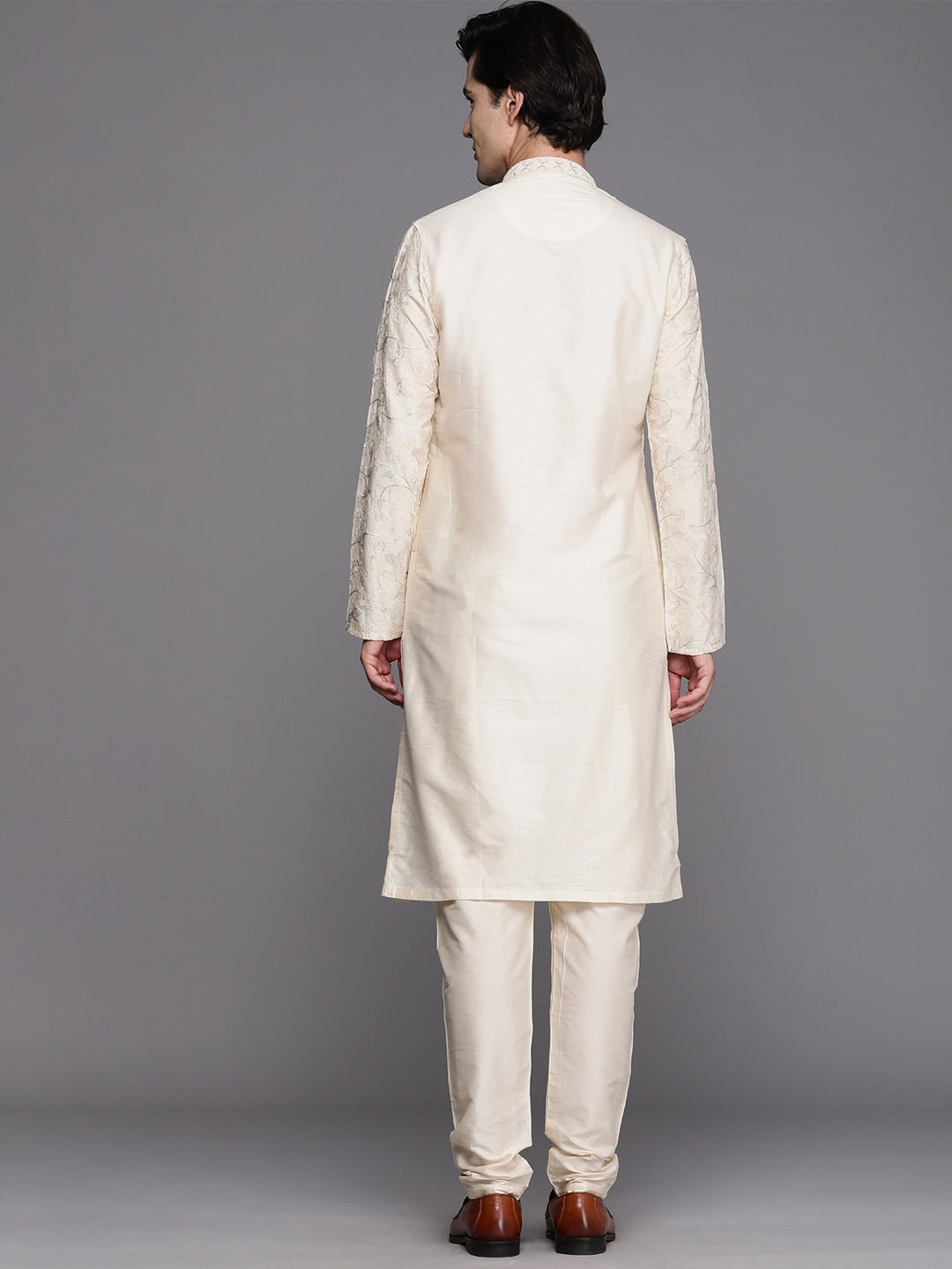Manyavar Men Cream-Coloured Ethnic Motifs Printed Thread Work Kurta with Churidar - Distacart