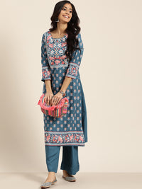 Thumbnail for Sangria Women Teal Blue & White Printed Kurta with Palazzos - Distacart