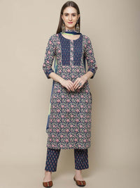 Thumbnail for Sangria Women Navy Blue Floral Printed Pure Cotton Kurti with Trousers & With Dupatta - Distacart