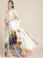Thumbnail for Tikhi Imli White & Pink Digital Floral Print Saree - Distacart