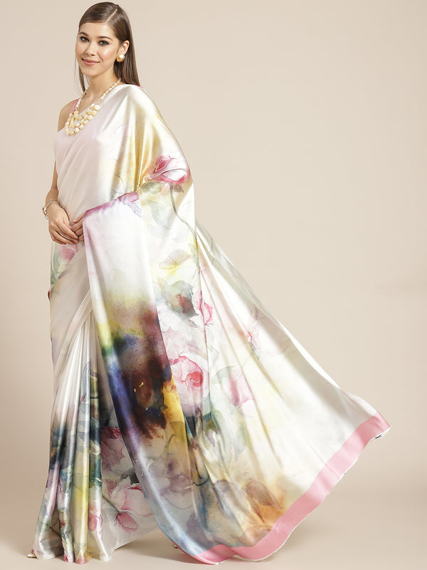 Tikhi Imli White & Pink Digital Floral Print Saree - Distacart