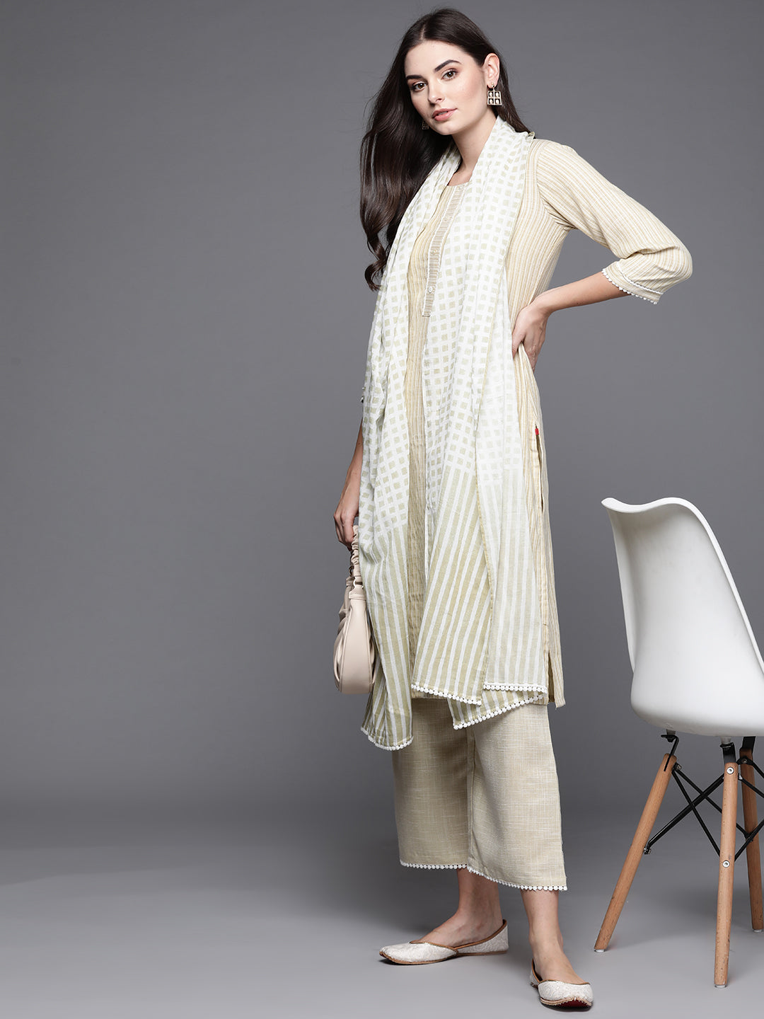 Biba Women Green & White Striped Kurta with Palazzos & Dupatta - Distacart