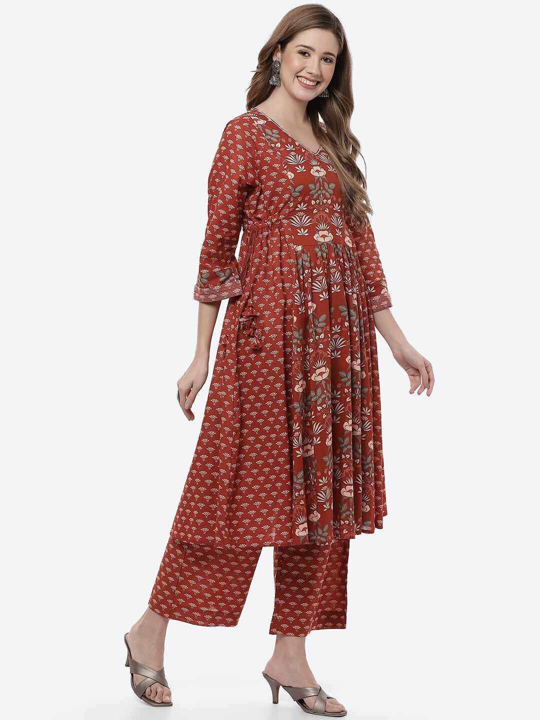Biba Women Rust Ethnic Motifs Printed Pleated Pure Cotton Kurta with Palazzos - Distacart