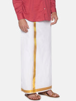 Thumbnail for Sethukrishna Men White & Gold-Coloured Solid Cotton Dhoti - Distacart