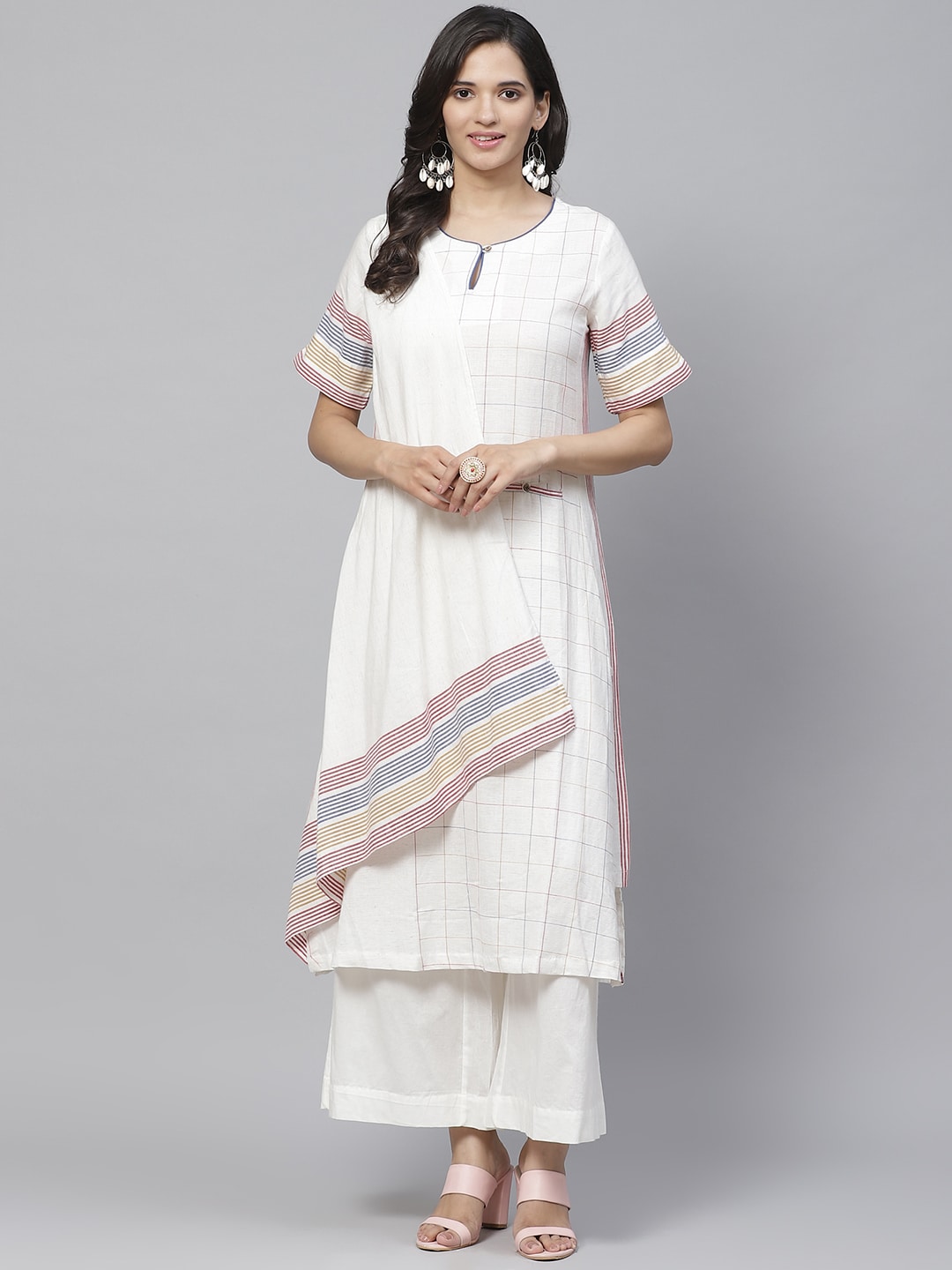 Biba Women Off-White & Blue Checked Layered Kurta with Palazzos - Distacart