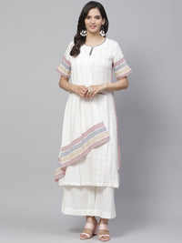 Thumbnail for Biba Women Off-White & Blue Checked Layered Kurta with Palazzos - Distacart