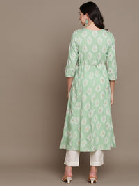 Thumbnail for HERE&NOW Embroidered Ethnic Motif Printed Notched Neck A-Line Kurta - Distacart