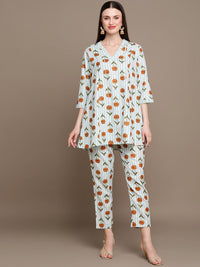Thumbnail for HERE&NOW Floral Printed Lace Inserted V-Neck Kurti with Trousers - Distacart