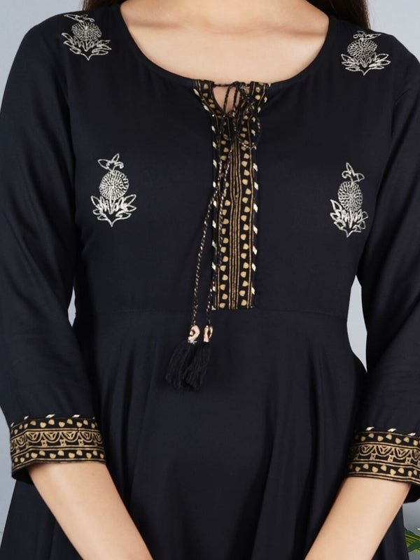 Kalini Women Black & Golden Floral Embroidered Anarkali Kurta - Distacart