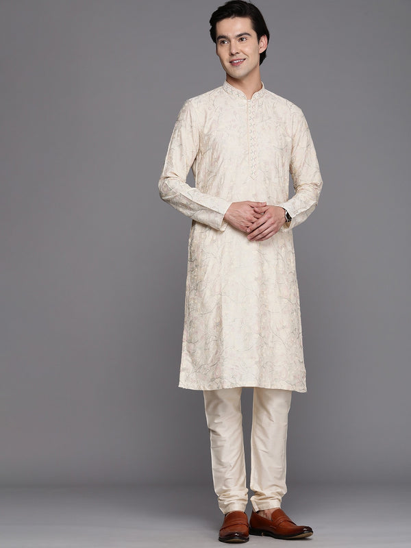 Manyavar Men Cream-Coloured Ethnic Motifs Printed Thread Work Kurta with Churidar - Distacart