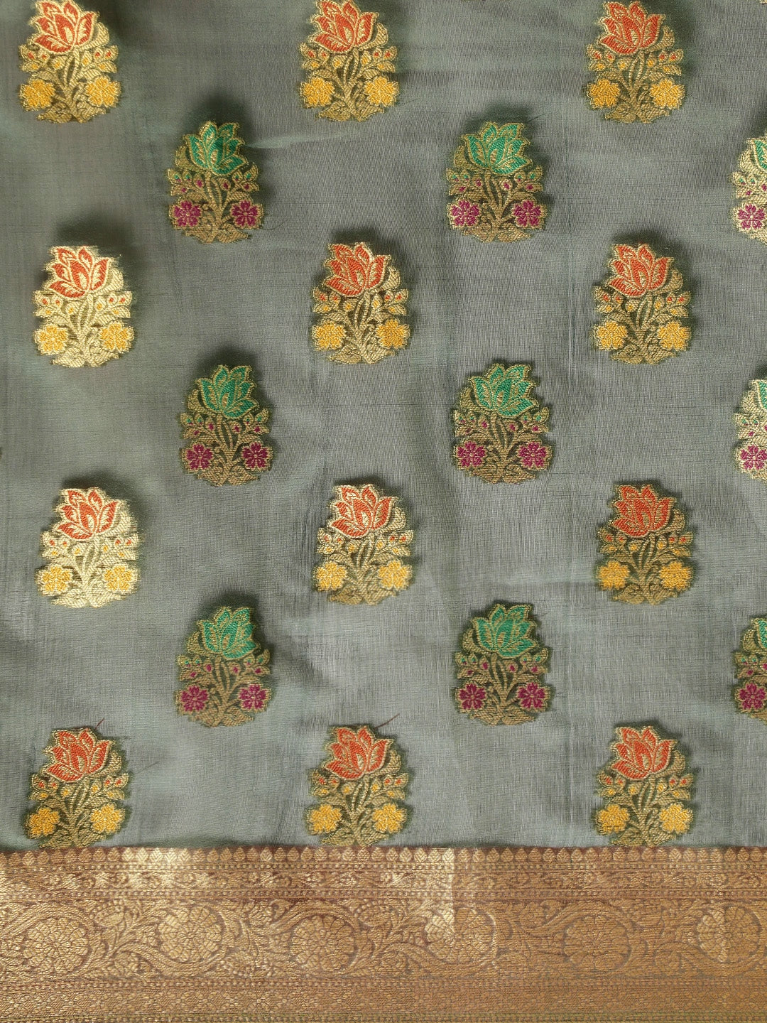 Mitera Green Floral Zari Organza Kanjeevaram Saree - Distacart