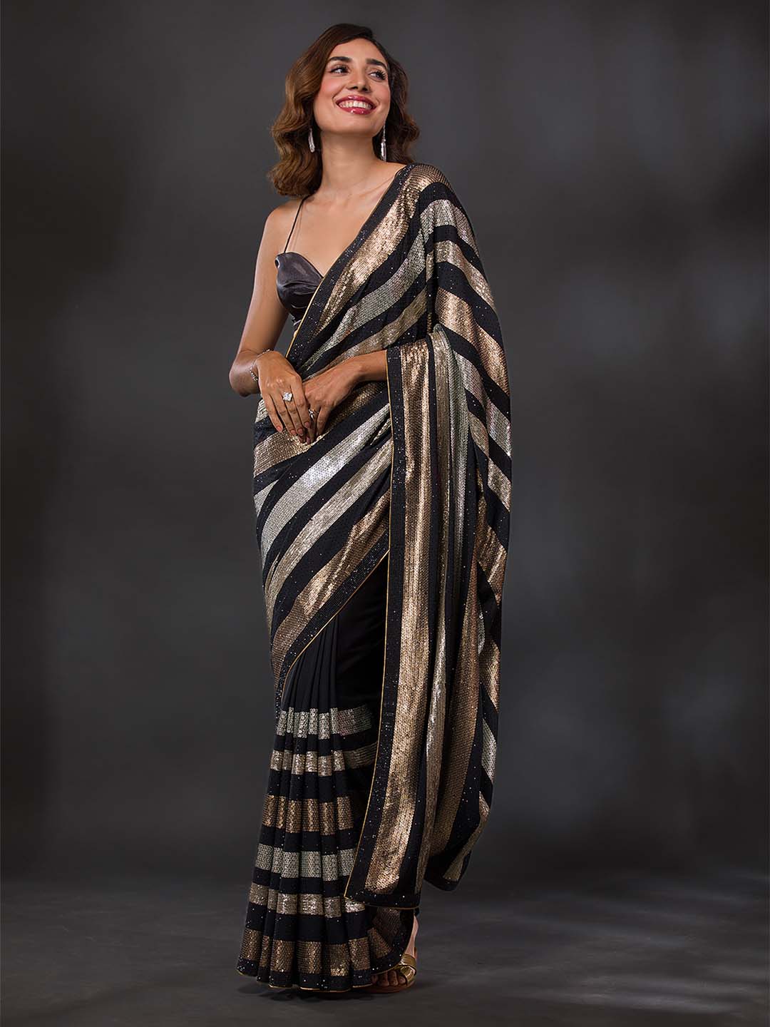 Koskii Black & Gold-Toned Embellished Sequinned Georgette Saree - Distacart