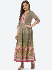 Thumbnail for Biba Women Olive Green Ethnic Motifs Printed Anarkali Kurta - Distacart
