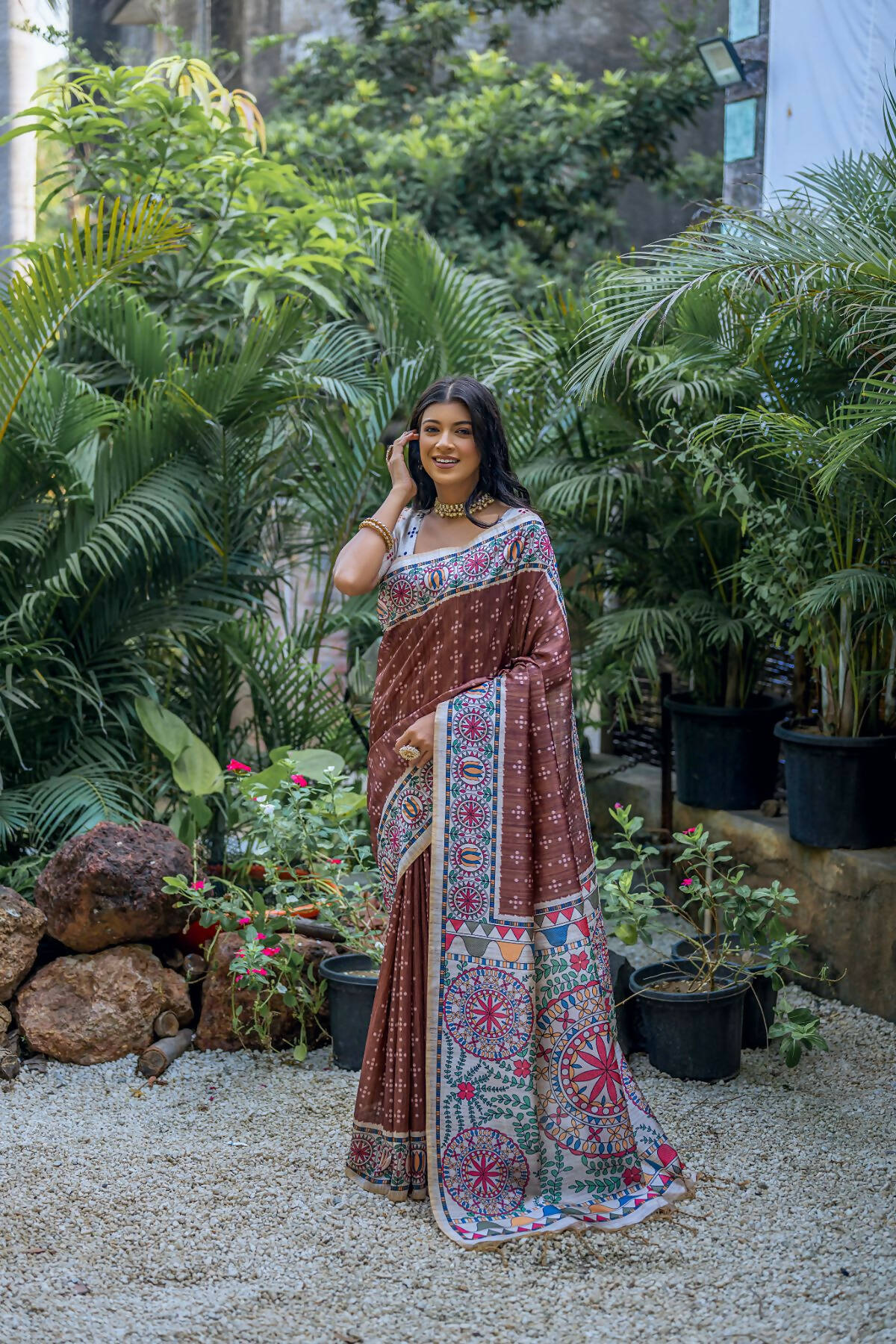 Vishnu Weaves Women's Coffee Soft Tussar Silk Printed Saree with Blouse - Distacart
