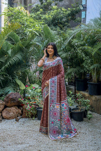 Thumbnail for Vishnu Weaves Women's Coffee Soft Tussar Silk Printed Saree with Blouse - Distacart