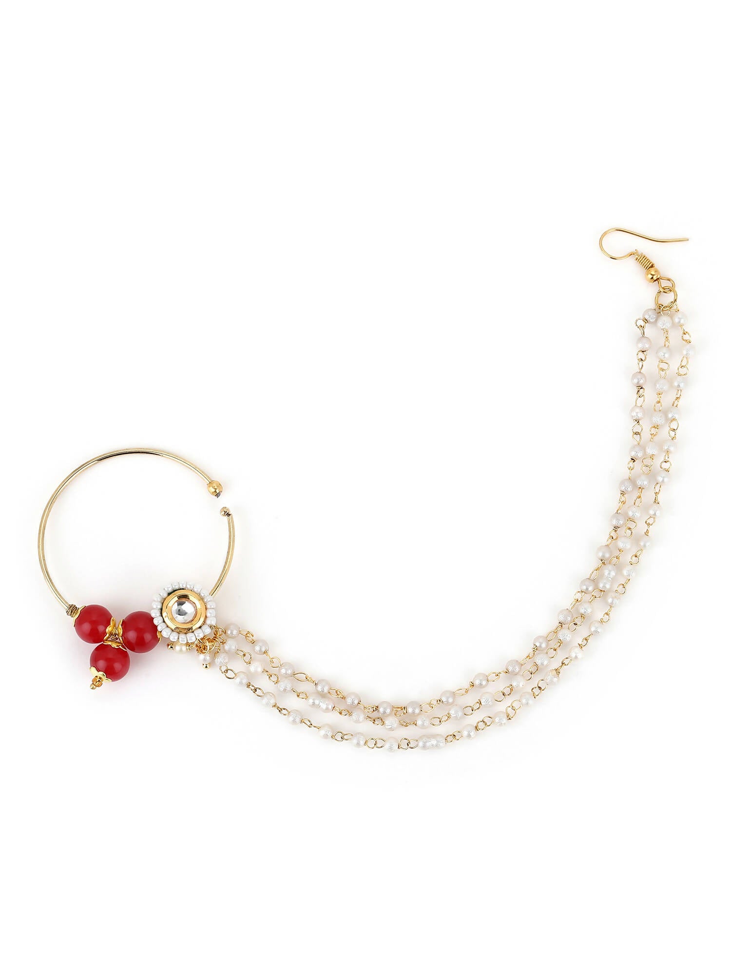White Red Gold-Plated Kundan-Studded Beaded Nosepin - Ruby Raang - Distacart
