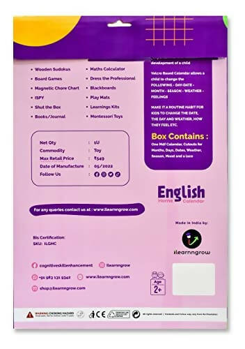 iLearnngrow Kids Home Calendar - Day, Date, Month, Weather, Season Learning Made by MDF Board (English) for 2-6 Year Kids - Distacart