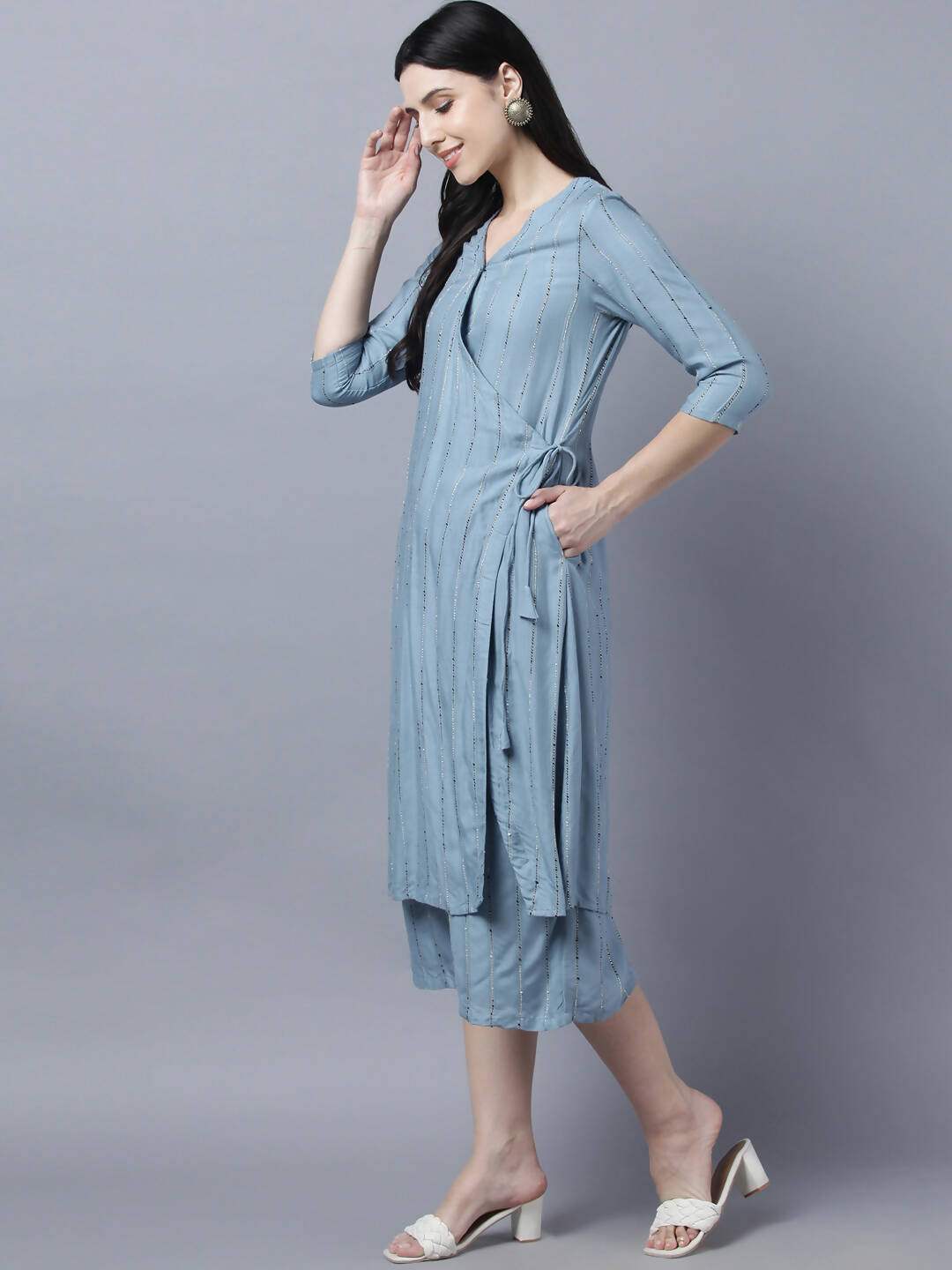 Myshka Stylish Grey Viscose 3/4 Sleeve Women's Kurta Palazzo Set - Distacart