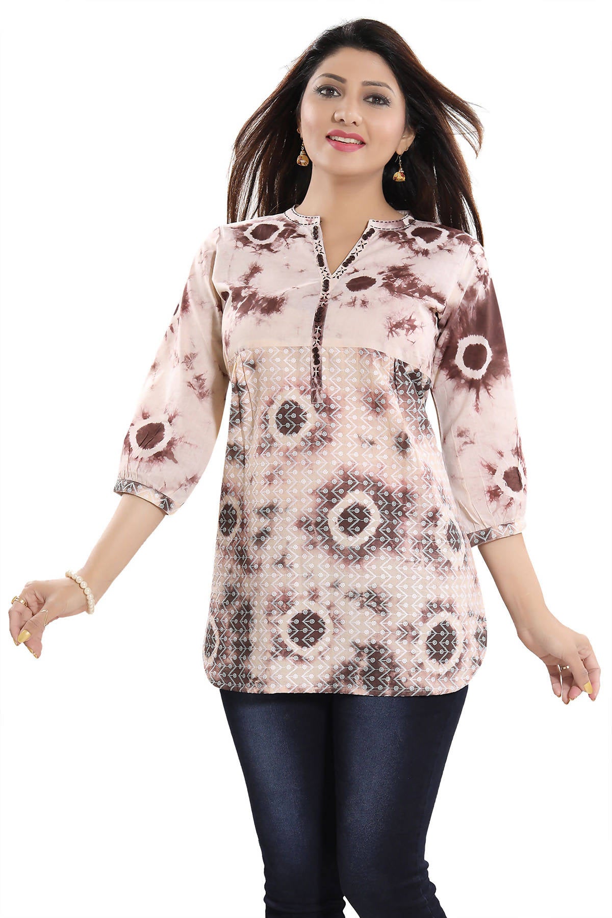 Snehal Creations Bold Beige Cotton Chikan Short Kurti Top With Batik Printing - Distacart