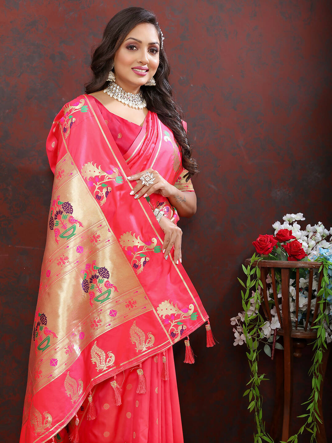 Lorenvalley Fashion Peach Soft Paithani Silk Woven Design Gold Zari Meenakari Weaving Saree - Distacart