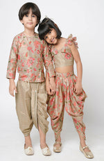 Thumbnail for Lil Drama Golden Weaves Beige Crop Top With Dhoti Co-Ordinate Set - Distacart