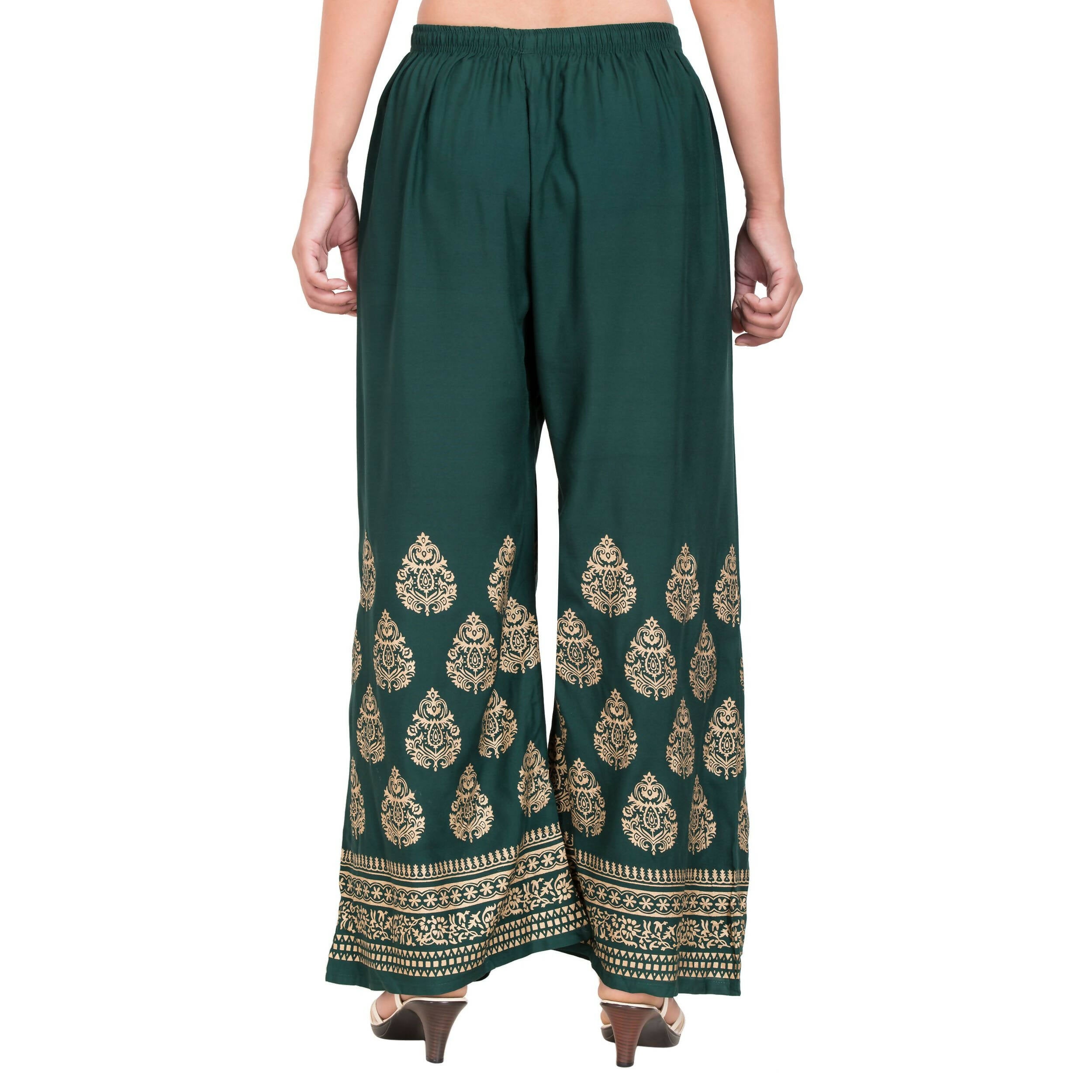 PAVONINE Bottle Green Color Golden Printed Rayon Fabric Sharara For Women & Girls - Distacart